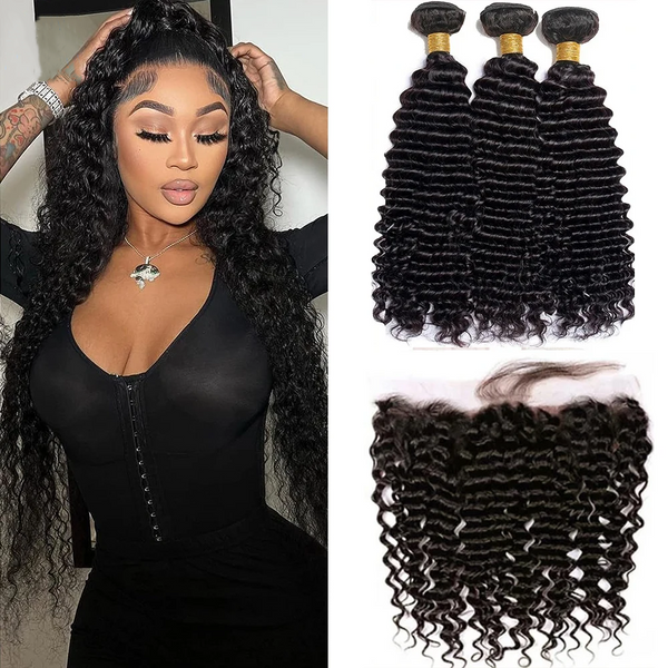 13x6/ 13x4 HD Swiss Lace Front with 3 PCS Bundles Deep Wave Human Hair